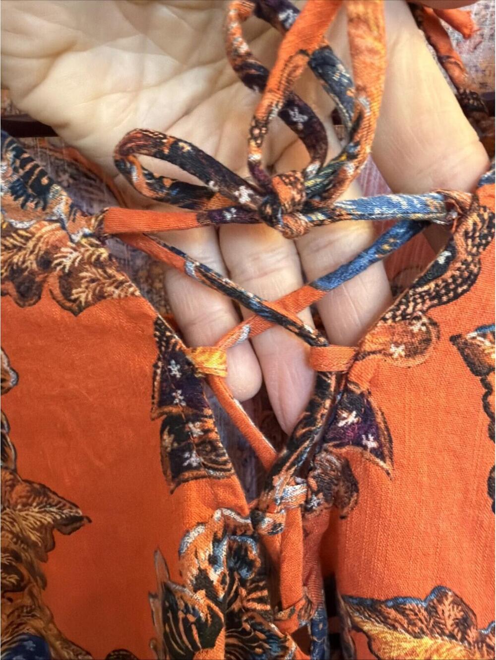 Old Navy Orange floral swing dress Lace Tie Neck Sz L Petite Pockets Boho Flowy - Picture 3 of 10